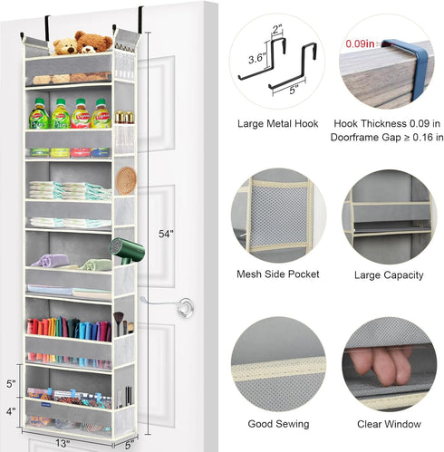 Over The Door Hanging Organizer with 6-Shelves and 12 Side Pockets for Bathroom and Bedroom, Grey