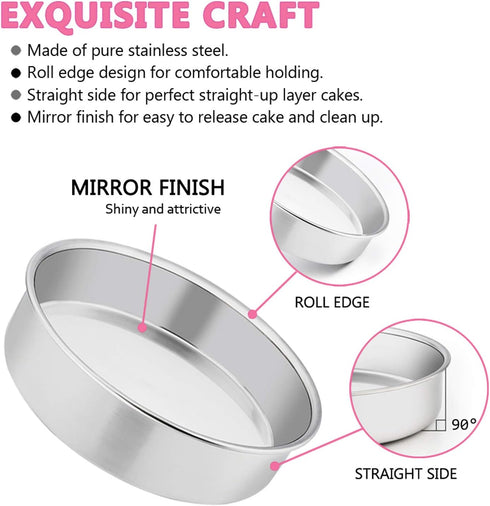 E-far 6 Inch Cake Pan Set of 3, Stainless Steel Round Smash Cake Baking Pans, Non-Toxic & Dishwasher Safe