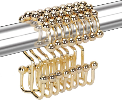 Shower Curtain Hooks Rings for Bathroom, 12PCS Stainless Steel Metal Rust Resistant Double Curtain Hooks (Gold)