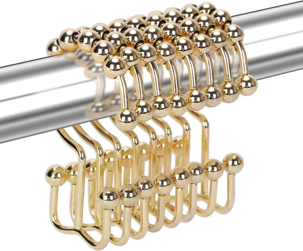 Shower Curtain Hooks Rings for Bathroom, 12PCS Stainless Steel Metal Rust Resistant Double Curtain Hooks (Gold)