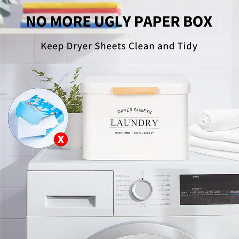 Dryer Sheet Holder with Hinged Lid for Laundry Room Organization, Metal Container for Laundry Room Decor (Cream)