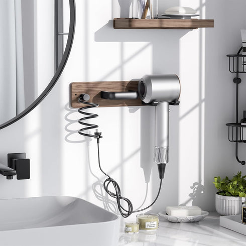 Tindbea 3 in 1 Hair Dryer Holder, Curling Iron Holder, Wall Mount Blow Dryer Organizer Rack for Universal Dryer (Walnut