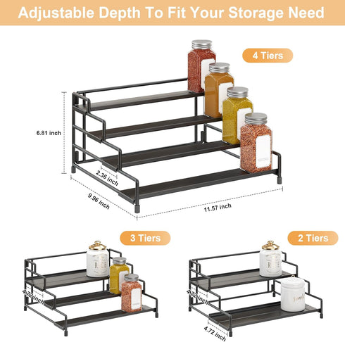 4-Tier-Spice-Rack-Organizer-for-Cabinet, Countertop (Black-2 Pack) RUILALIFE Adjustable Depth Spice Holder Shelf