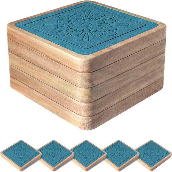 EDEGG Square Coasters for Drinks, Absorbent Coaster Sets of 5, Wood Drinks Coaster