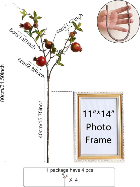 Forlaoers 4pcs 31" Tall Red Berries Pomegranate Faux Plants Stem Fake Tree Branches with Fruits Leaves Artificial