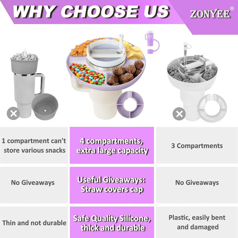 Snack Bowl for Stanley 30oz Tumbler with Handle, Silicone Reusable Snack Tray Snack Ring for Stanley Cup Accessories, Suitable for Car Cup Holder, Cinema or Outdoor, Orchid by ZONYEE