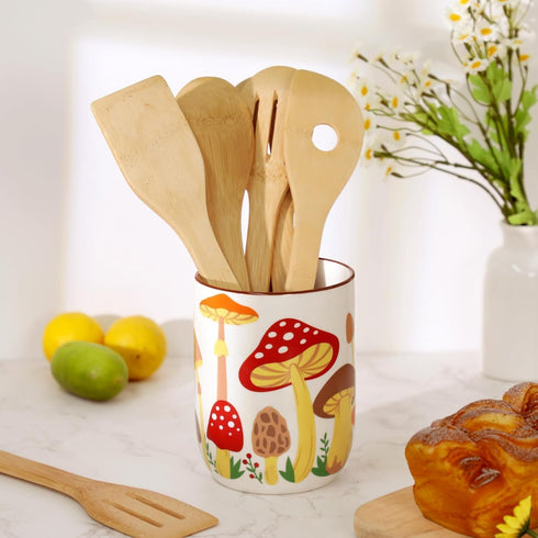 Countertops Nefelibata Mushroom Ceramic Utensil Holder Rustic Functional Utensil Crock Kitchen Storage Decor Perfect