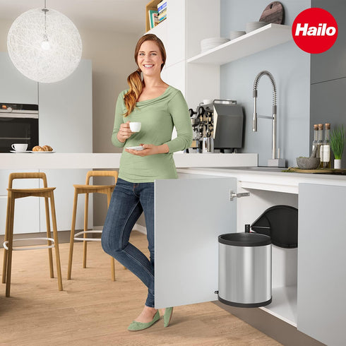 Hailo Compact-Box M Trash Can - 4 Gallon, Lid-Lift, Small Kitchen Bin, Stainless Steel