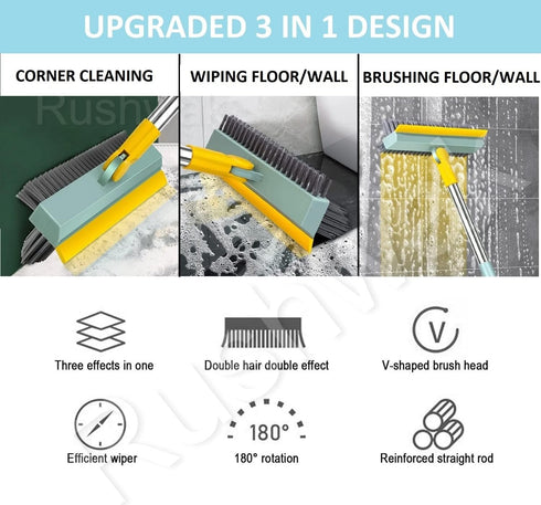 Rushwak 3 1 180 in Long Handle Bathroom Cleaning Brush with Wiper, Rotate for Floor/Toilet Cleaning (Multicolor)