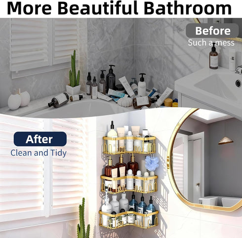 Menbyci 3 Pack 18 Corner Shower Caddy, Adhesive Bathroom Shelves with Hooks, Drill-Free & Quick-Dry Shower Organizer