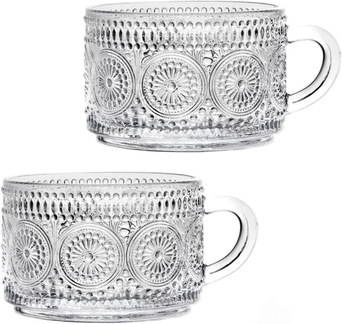 Amzcku Vintage Coffee Tea Cups, Glass Mugs 14 Oz Set of 2 Embossed