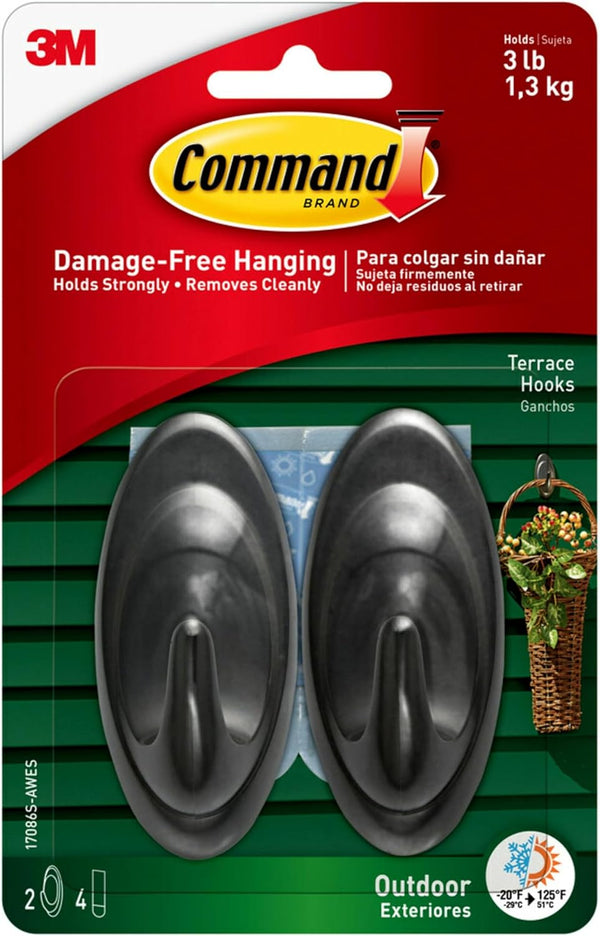 Command Outdoor Hooks, 2 Hooks and 4 Strips, Damage-Free Hanging Wall Decor with Weather Resistant Strips, Holds 3 lb