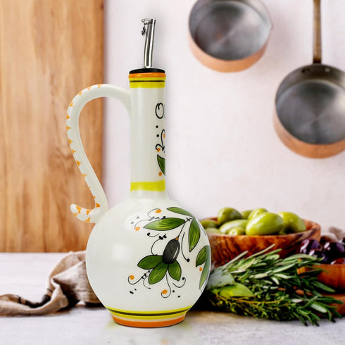 AA Brothers 15oz Hand-Painted Ceramic Olive Oil Dispenser Bottle Decorative Stoneware Cruet with Stainless Steel Spout