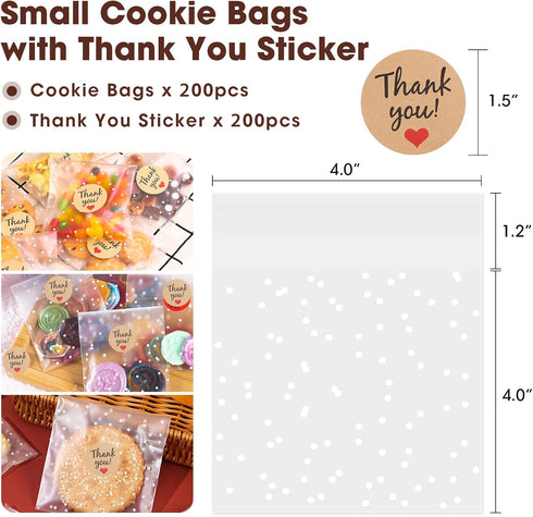 SUREHOME 200 Pcs Cookie Bags with Seal, Clear Self Sealing Cellophane Bags with Thank You Stickers
