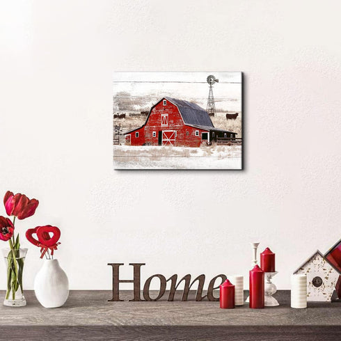 Rustic Farmhouse Canvas Print - Country Red Barn Pictures Wall Art with Windmill and Highland Cow for Kitchen Living