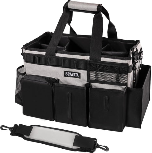 Wearable Cleaning Caddy Bag, Organizer with Handle & Shoulder Straps for Housekeepers, 4 Foldable Dividers (Grey)