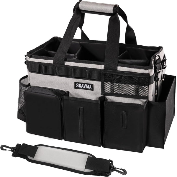 Wearable Cleaning Caddy Bag, Organizer with Handle & Shoulder Straps for Housekeepers, 4 Foldable Dividers (Grey)