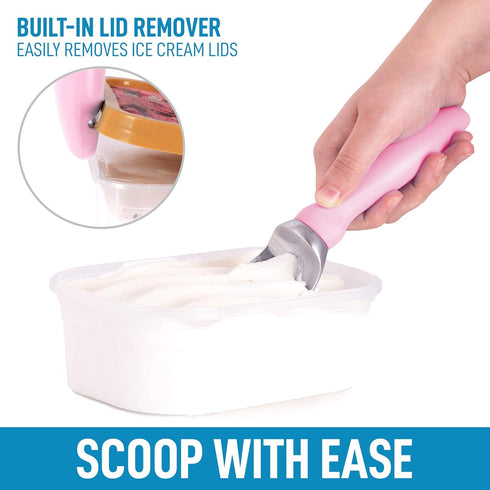 Zulay Ice Cream Scoop with Soft Easy Grip Handle - Heavy Duty Ice Cream Scooper with Built-in Lid Opener (Pink)