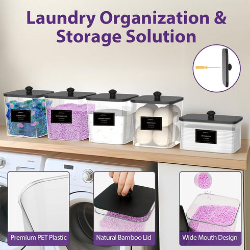 4+1 Pack COAZEX Clear Laundry Pods Container & Dryer Sheet Holder, Plastic Square Laundry Room Organization and Storage
