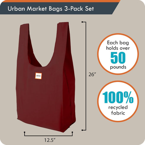 Ocean 3 Foldable Reusable Shopping Bags in 1 Compact Pouch, Durable Fabric, Holds 50+ lbs, Machine Washable