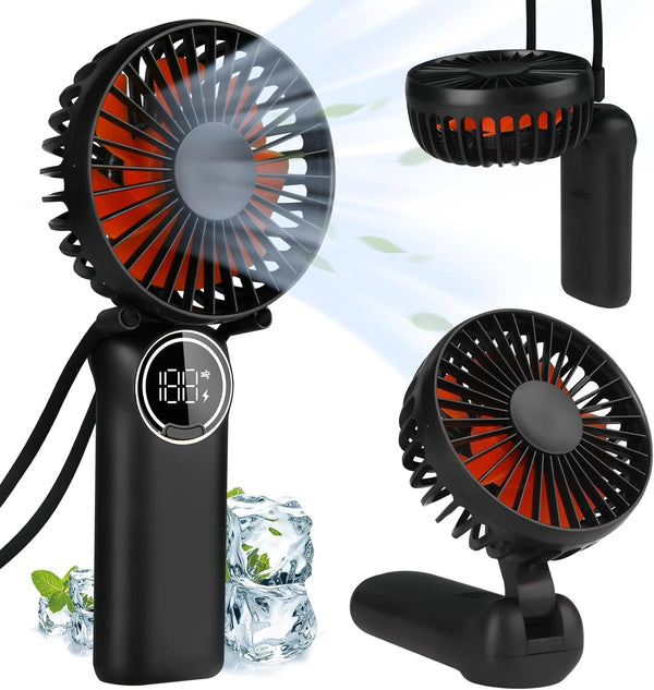 Portable Handheld Fan, Mini Desk Fan with LED Display, 180° Foldable Neck Fan for Travel Outdoor (Black)
