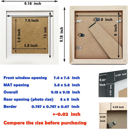 ZXT-parts 8x8 Picture Frames with 6x6 Opening Mat, Square White Solid Wood Frame with Plastic Panel for Tabletop or Wall