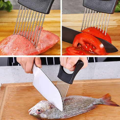 Onion Cut Tomato Slicer, Handy Kitchen Slicing Tool with 10 Even Prongs for Onion Lemon Potato Tomato Slices (Black)