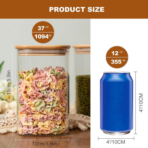 Glass Food Storage Jars 37 oz Set of 6 - Clear Glass Containers with Bamboo Lid Airtight for Tea, Coffee, Sugar