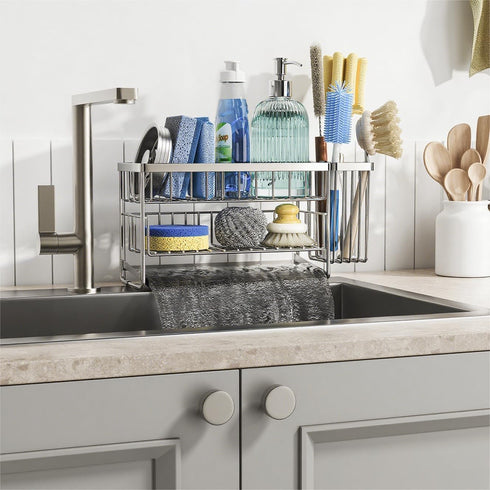 2-Tier Countertop Cisily Silver Kitchen Sink Caddy Organzier Rack with Flexible Dish Brush Holder, Sponge Holder