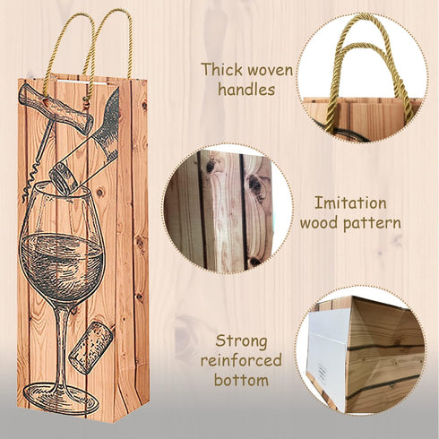 Wine Gift Bags for Wine Bottles, 12 Pack Paper Wine Bags Set with Wood Grain, Wine Gift Bags Bulk for Holiday, Wedding, Birthday Party Favors