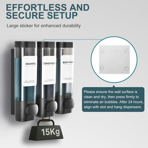 ViserVita 3 Pack 3 Set Shampoo and Conditioner Dispenser, Shower Soap Dispenser Chamber No Drill Wall-Mounted, Body