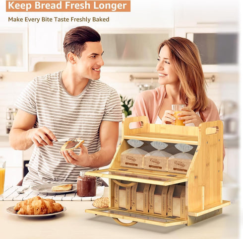 Required(14.9" 11" 15.3") BAMBANG Extra Large Bread Box, Double Layer Bread Box for Homemade Bread, Bamboo Wooden Bread