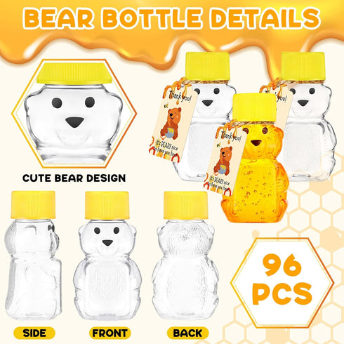 Funnymoom 96 Sets 2 oz 96 2 Plastic Honey Bear Bottle Bear Shape Clear Empty Honey Jar Tags Rolls Jute Rope Honey
