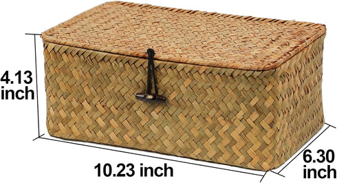 Wicker Basket with Lid, Natural Seagrass Storage Baskets for Organizing, Decorative Boxes Bins with Lids Home Decor