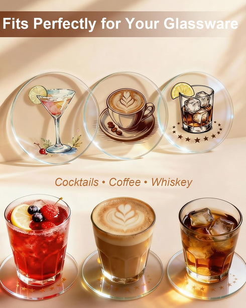 Lxndaser Set 4, Acrylic Coasters of Bar Drink Coasters for Coffee, Whiskey, Cocktails, Clear Modern Drink Coasters