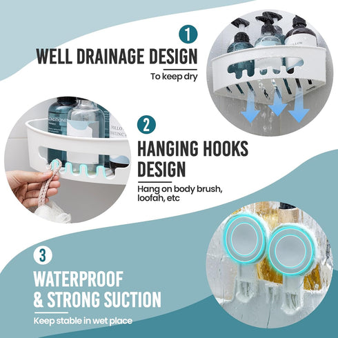 TAILI Corner Shower Caddy with Suction Cups, Wall Mounted Organizer Plastic Rack for Small Bathrooms, Kitchen