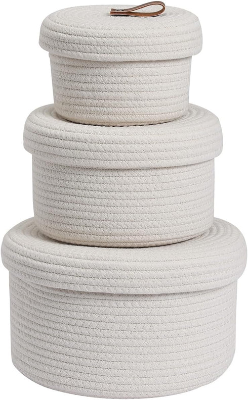 Cottonphant Set of 3 Stylish Round Woven Baskets with Lids - Elegant Storage Solution for Home Decor, Off White