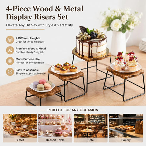4 ZENFUN Piece Wood Buffet Risers, Dessert Table Risers Food Display Riser, Pizza Pan Riser, Cupcake Stand & Wood