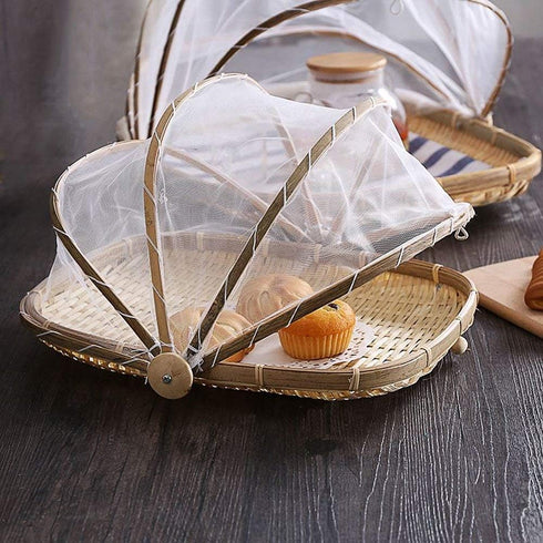 BESTCHANCEUS Hand Woven Bamboo Food Serving Tent Basket - Dustproof, Bug Proof, Rectangle 34CMx29CM for Meals