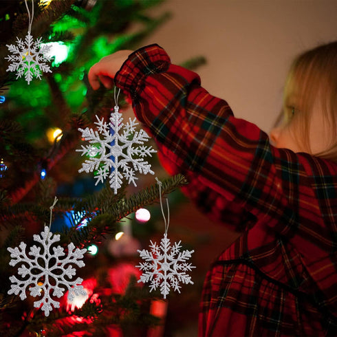 36 Pack Silver Snowflake Ornaments, Plastic Glitter Snow Flakes for Winter Christmas Tree Decorations, Size Varies