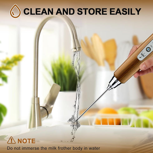 YUSWKO Wood Grain Handheld Milk Frother Wand, Rechargeable Electric Whisk with 3 Heads, 3 Speeds Drink Mixer for Coffee