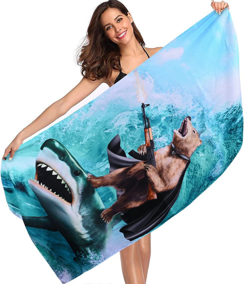 LIVILAN Funny Shark Bear Beach Towel, 30" x 60" Oversized Microfiber, Quick Dry for Bath and Pool