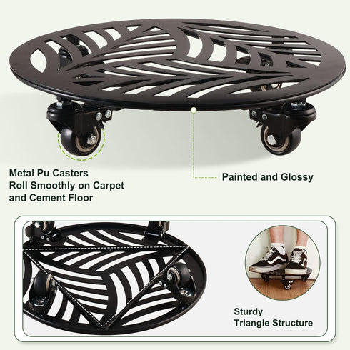 1 Pack 13.6 Inches Large Metal Plant Caddy with Wheels Heavy-duty Wrought Iron Rolling Plant Stand with Casters Indoor
