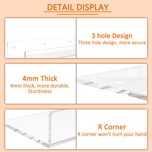 18'' 2 Pack, Clear Acrylic Bookshelf Acrylic Floating Book Shelves, Wall Mounting Invisible Ledge Book Shelf