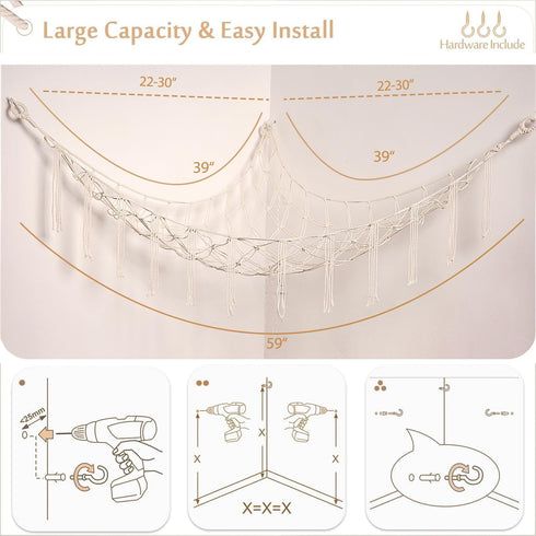 YKBU Hammock Stuffed Animals Corner Hanging Net Macrame Stuffed Animal Storage Plush Toy Holder Toy Organizer for Boho