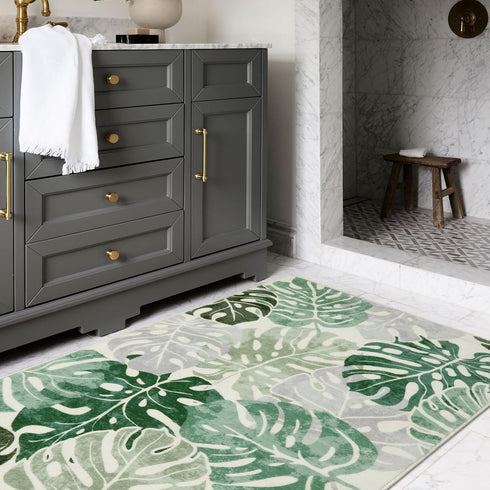 3x5 Wonnitar Monstera Washable Rug, Sage Green Leaf Area Rugs for Bedroom, Non-Slip Living Room Entry Throw Mat, Low