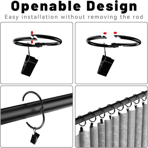 24 Pack 2 Inches Black Curtain Rings with Clips, Openable Drapery Metal Clip Hangers for Windows Rods