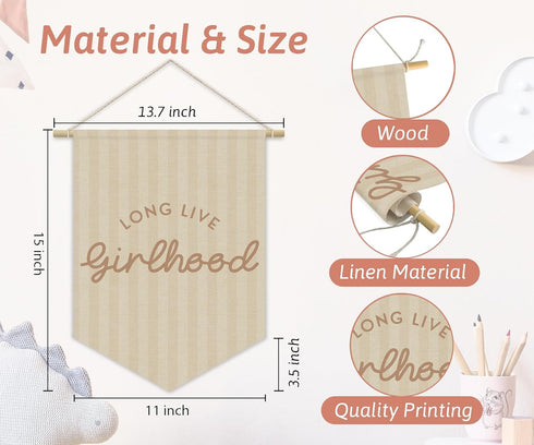 XYDEG 15x11in Girl Nursery Decor, Long Live Girlhood Linen Canvas Banner, Neutral Striped Wall Hanging Pennant Flag