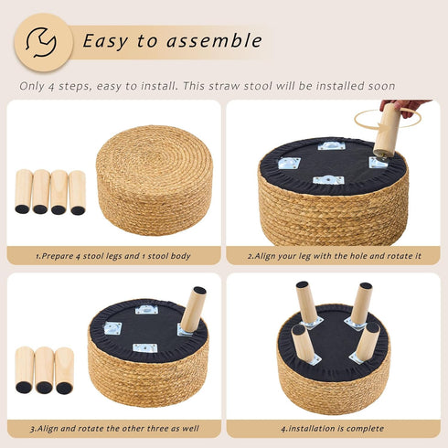 Handwoven Round Ottoman, Natural Water Hyacinth Outdoor Patio Pouf Seagrass Low Stool with Wood Legs, Soft Padded