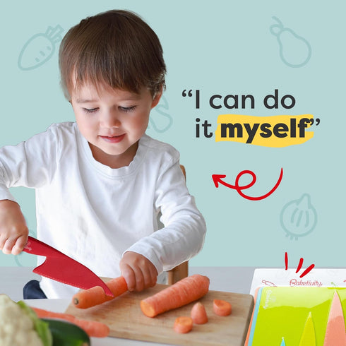 Baketivity 6 Piece Kids Cutting Board and Knife Set, Plastic Knives and Flexible Cutting Boards for Safe Cooking